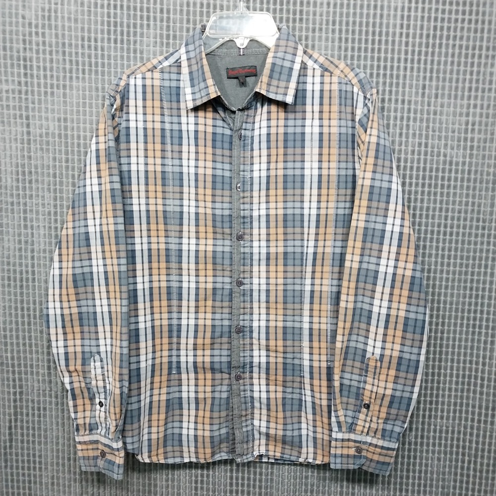 Royal Testimony Mens Button Down Shirt Plaid Long Sleeve L Blue Tan